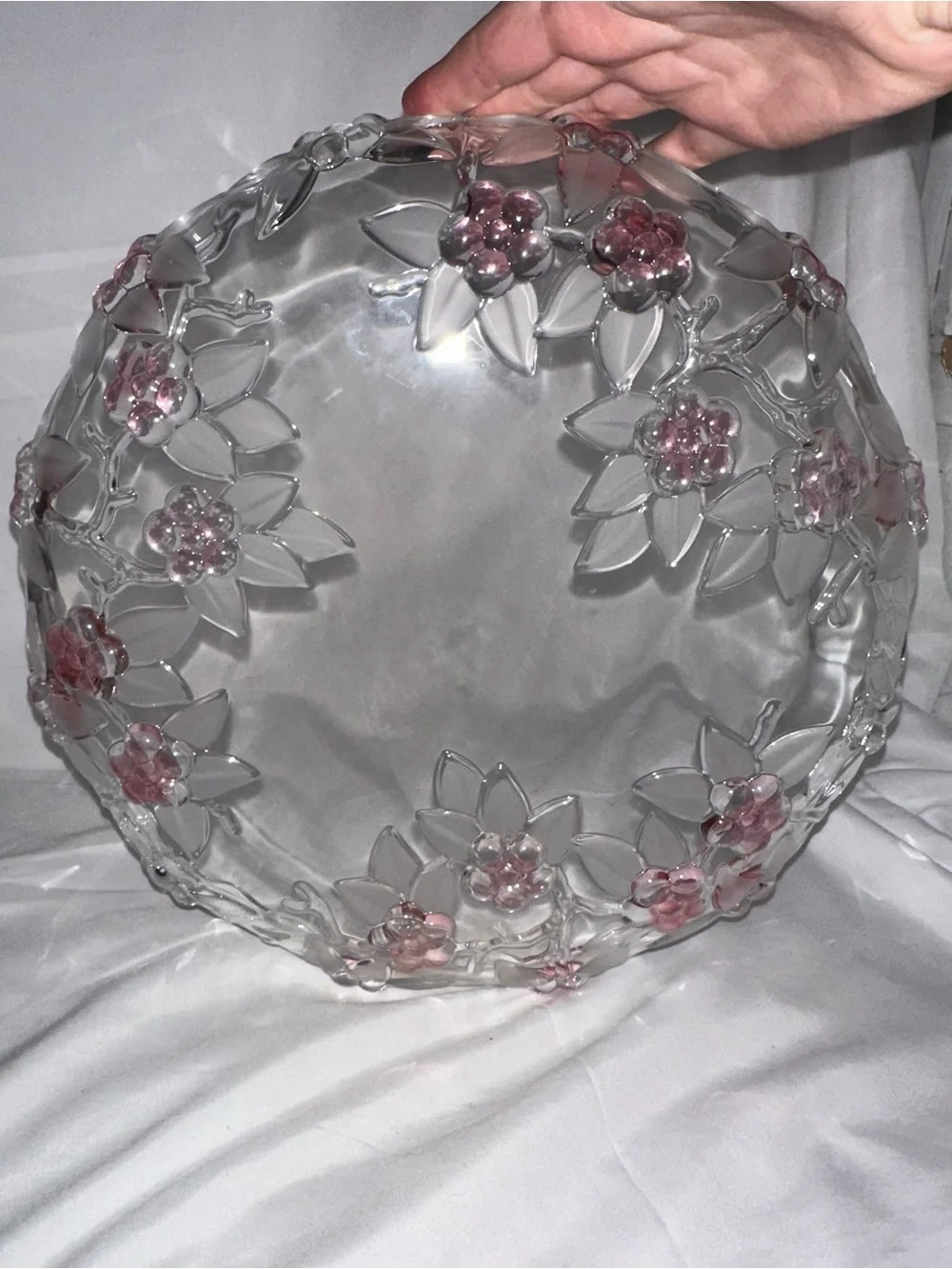 Pink Floral Clear Glass 11.5” Serving Platter Raised Flowers
